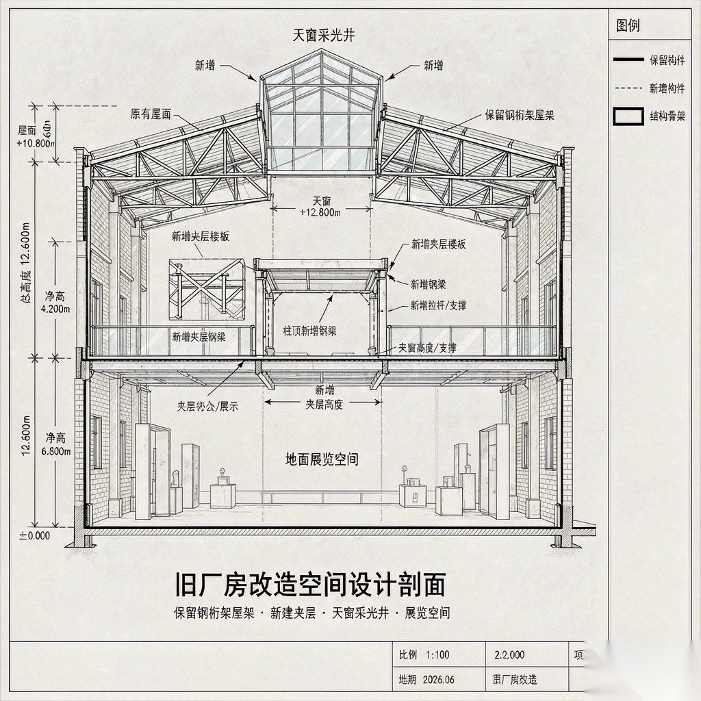 旧厂房改造空间设计剖面示意